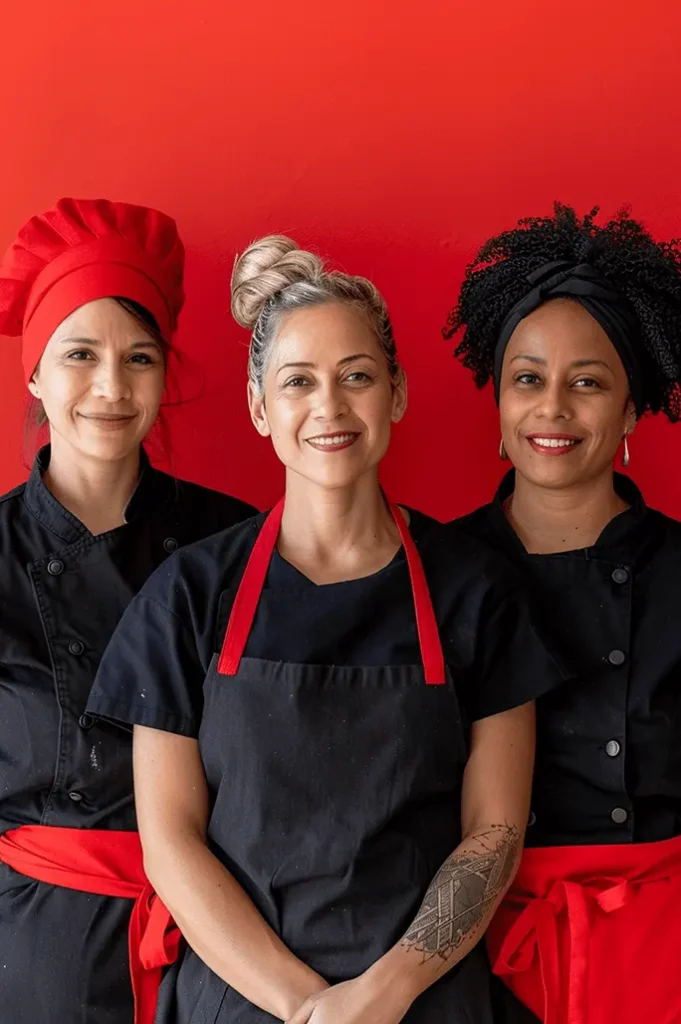 Three female chefs wearing black uniforms and red accessories, smiling against a red background, representing culinary teamwork and diversity.