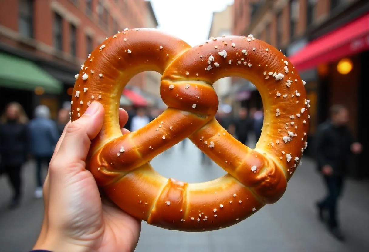 A freshly baked soft pretzel sprinkled with coarse salt, held in hand outdoors.