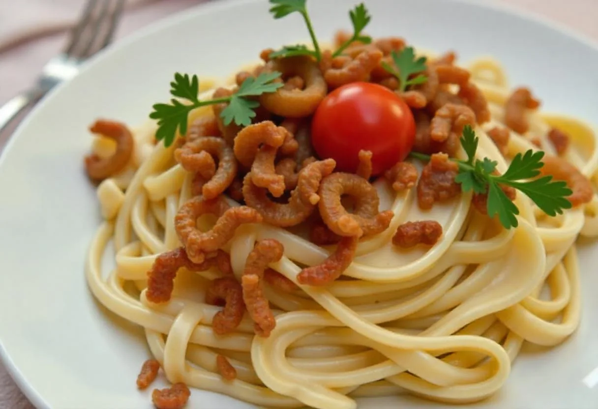 A plate of spaghetti topped with sautéed shrimp, garnished with a cherry tomato and parsley.