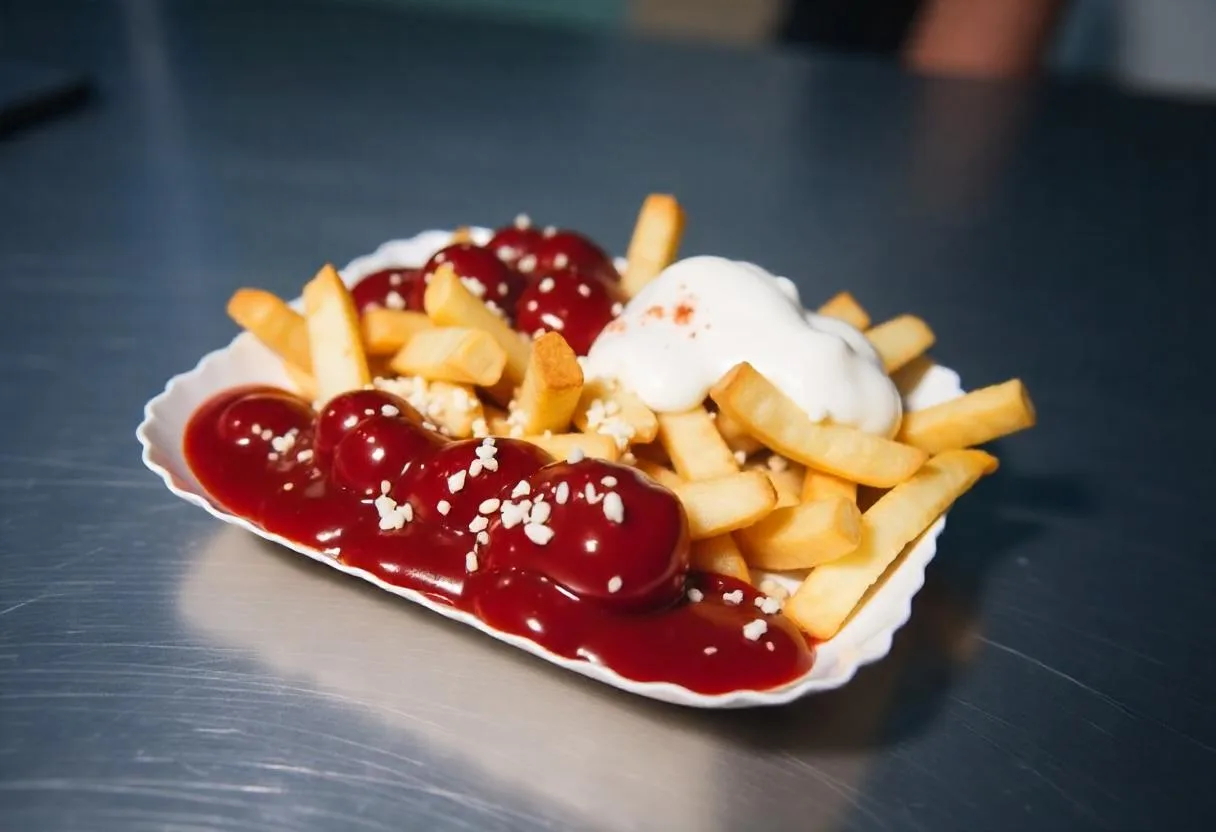 A plate of French fries topped with ketchup, mayonnaise, and sprinkled with sesame seeds.