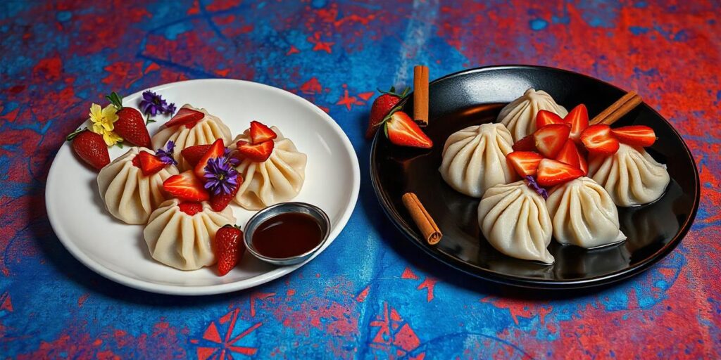 Sweet dumplings served with strawberries, cinnamon sticks, and dipping sauce.