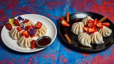 Sweet dumplings served with strawberries, cinnamon sticks, and dipping sauce.