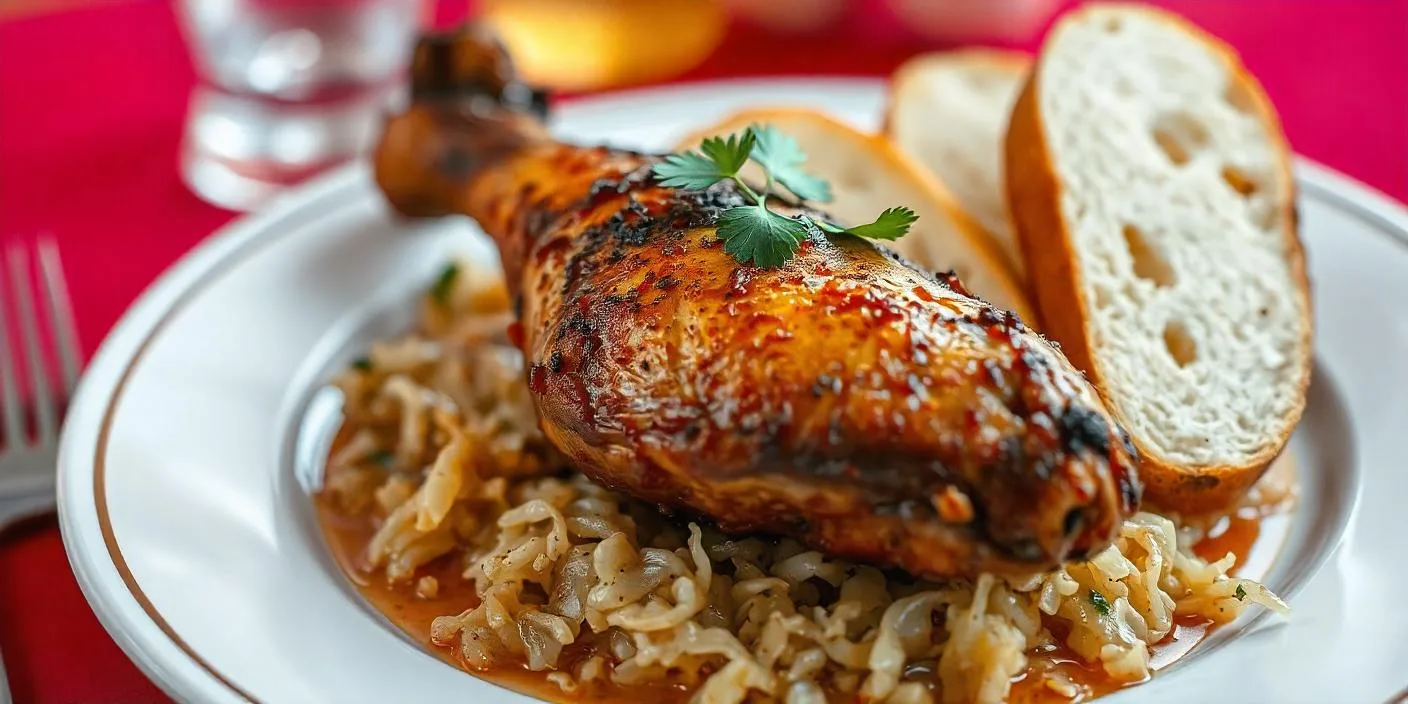 A roasted chicken leg served on a bed of rice with a garnish of herbs.
