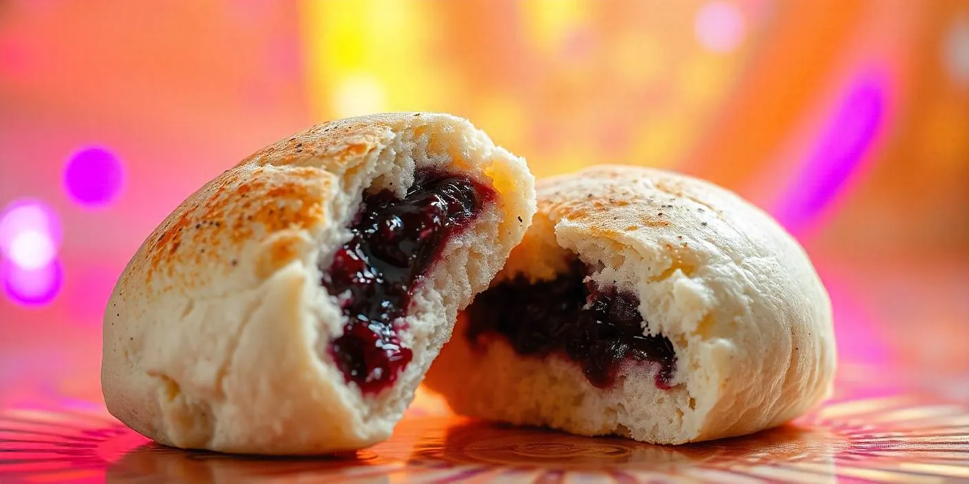 A sweet bun filled with berry jam, served with a soft, fluffy texture.
