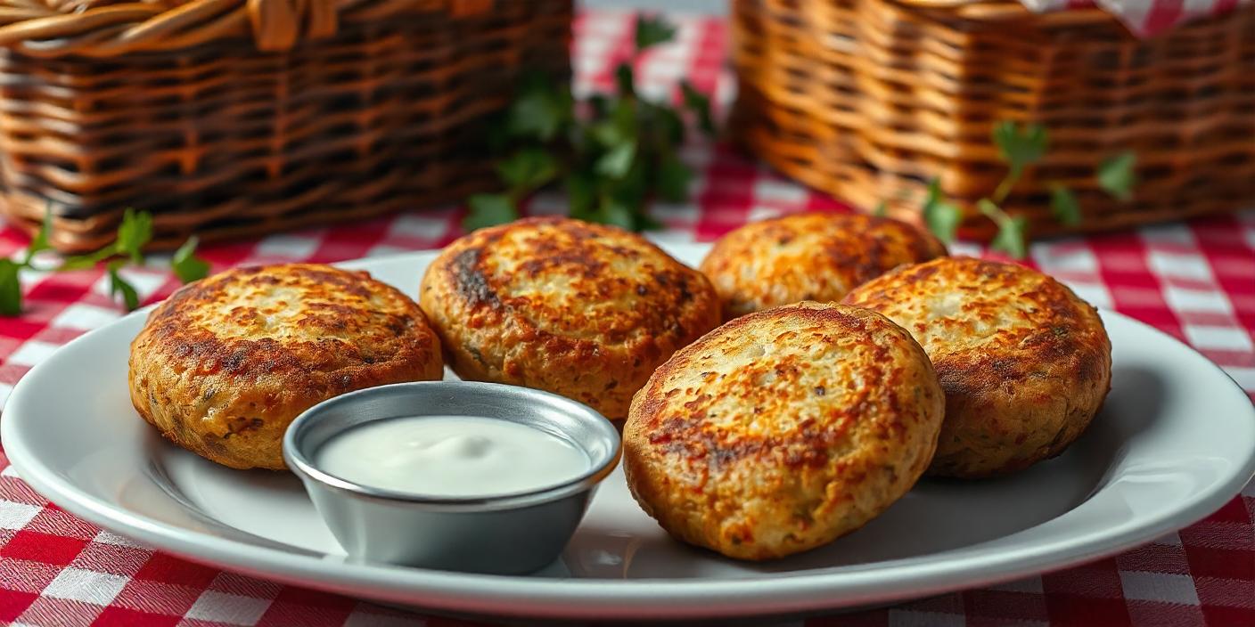 Fried potato patties served with a creamy dipping sauce.