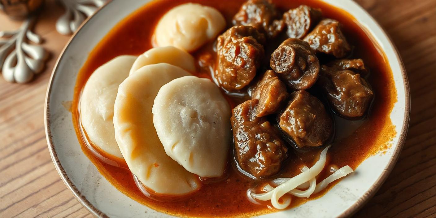 Dumplings served with meat stew and a side of noodles in gravy.