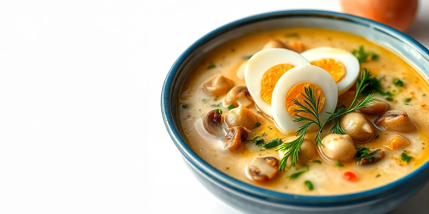 A bowl of creamy soup garnished with sliced boiled egg, fresh herbs, and dill.