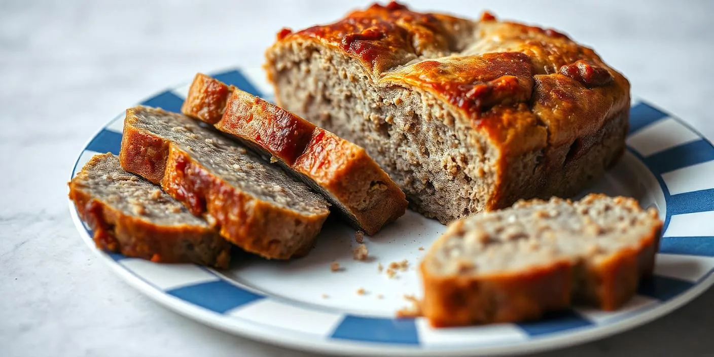 Slices of meatloaf on a plate with a golden crust.