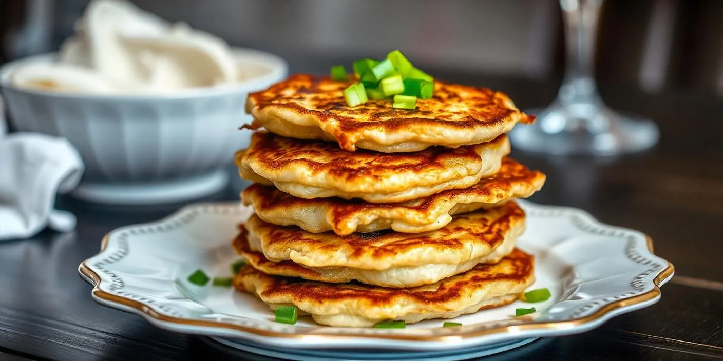 A stack of crispy potato pancakes garnished with green onions.