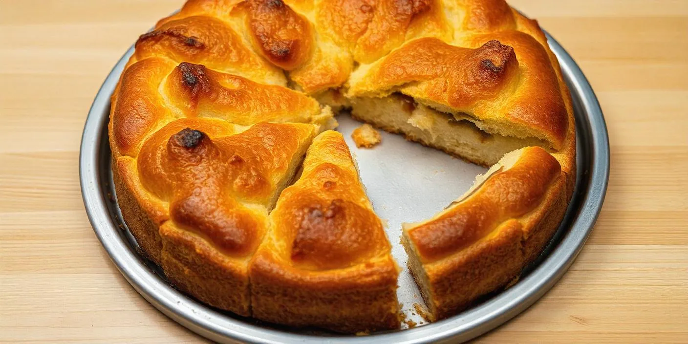 A round pastry pie with a golden crust, partially sliced to reveal the filling.