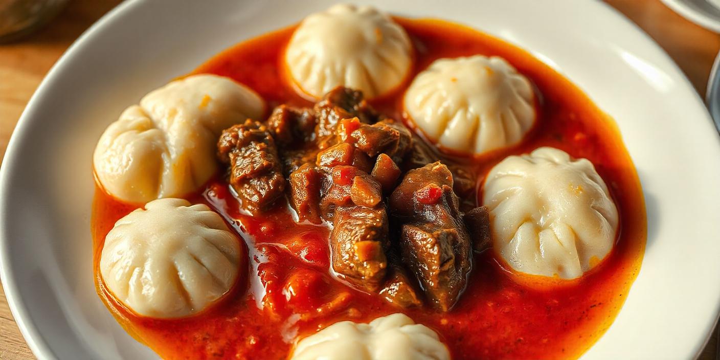 A bowl of hearty meat stew served with dumplings in a rich sauce.