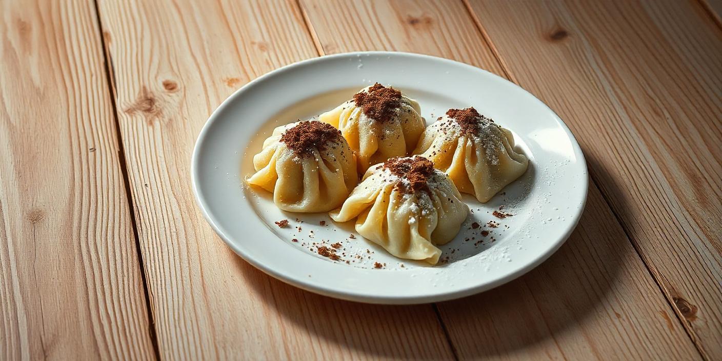 A plate of steamed dumplings filled with meat, topped with a light sauce and herbs.