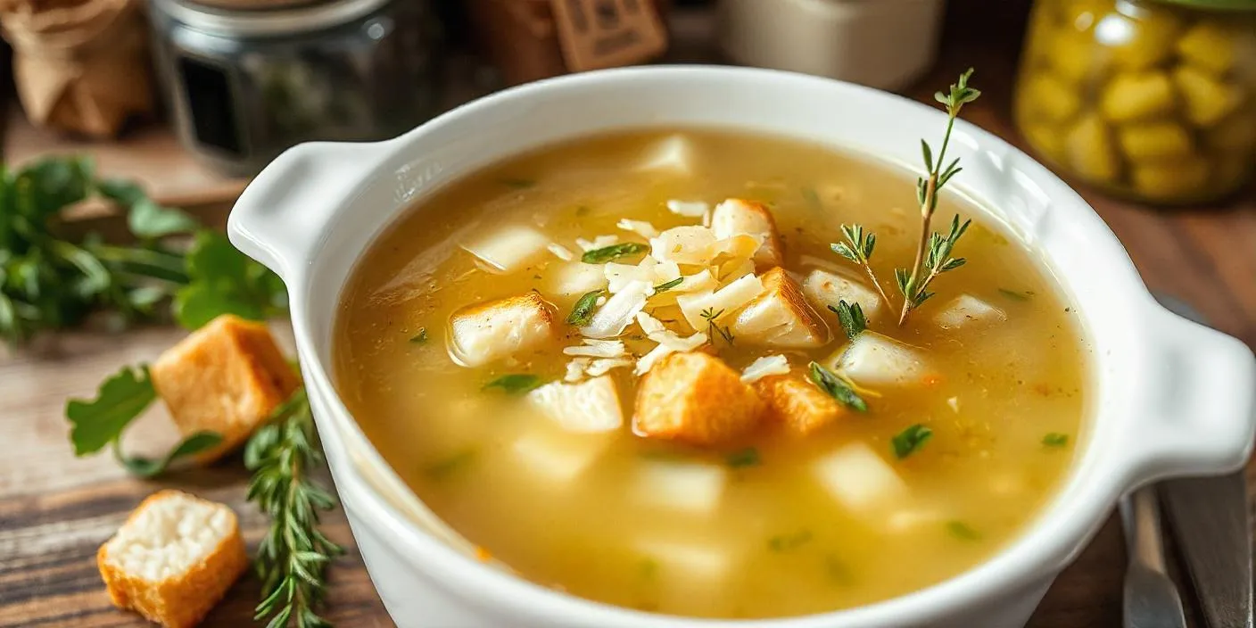 A bowl of clear soup garnished with croutons and fresh herbs.