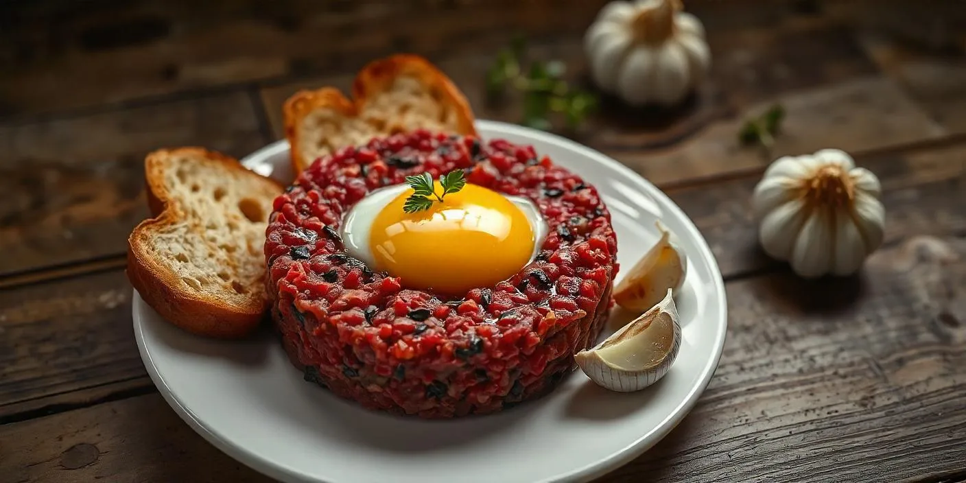 A plate of beef tartare with a raw egg yolk on top, served with toast.