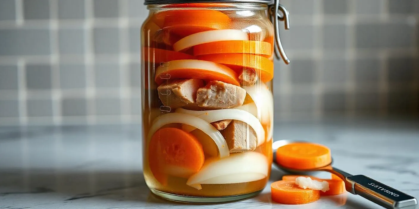 A jar of pickled vegetables including carrots, onions, and mushrooms.
