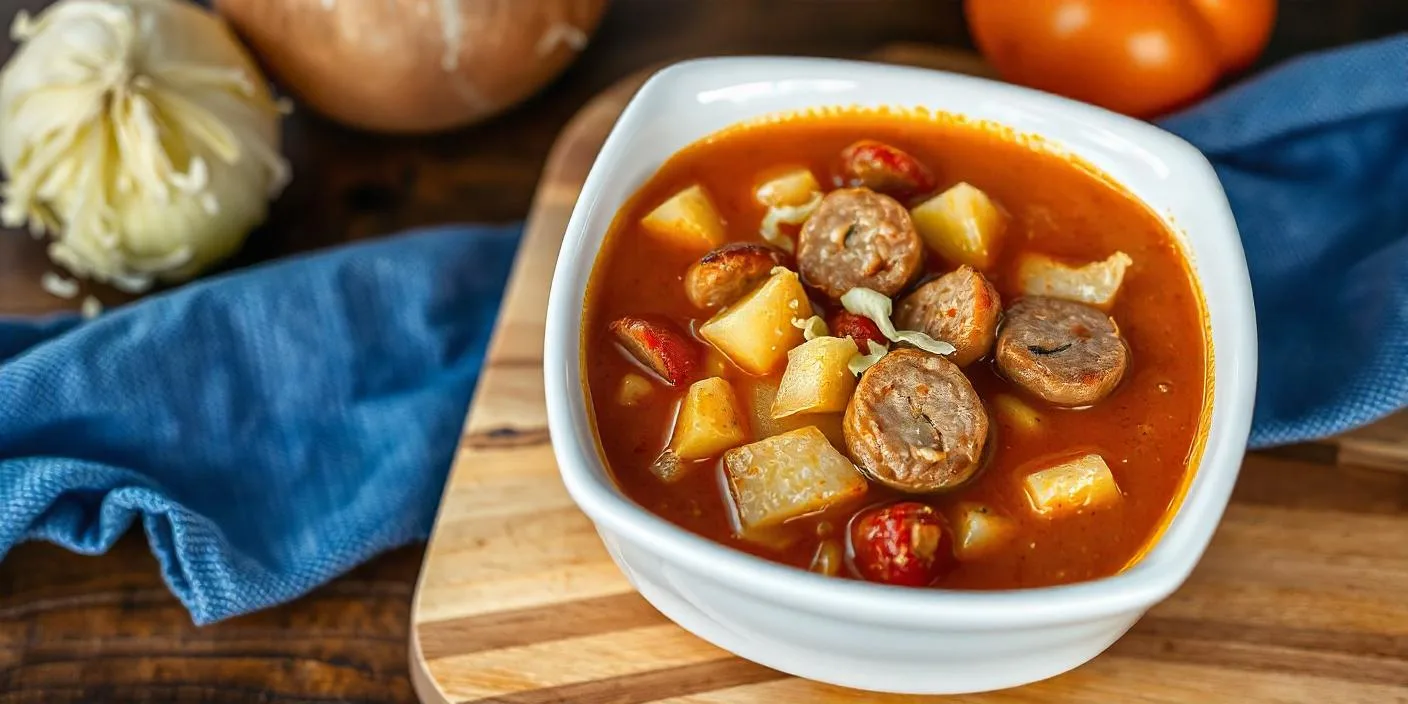 A bowl of potato and sausage stew in a rich tomato-based broth.