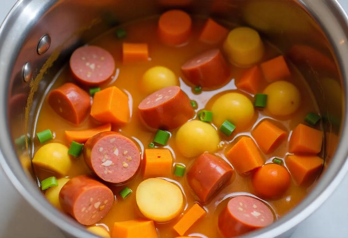 A pot of hearty stew with sausages, carrots, and potatoes in a flavorful broth.