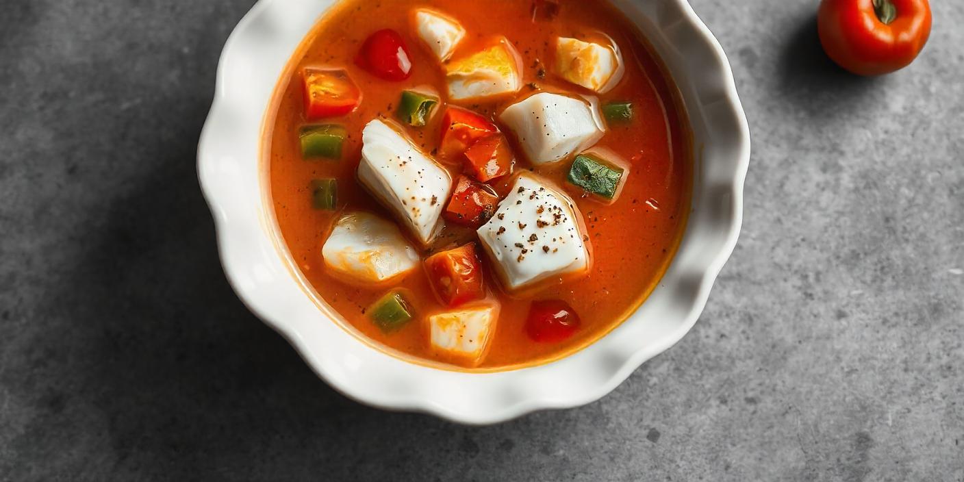 A bowl of tomato soup garnished with cubes of tofu, fresh herbs, and spices.