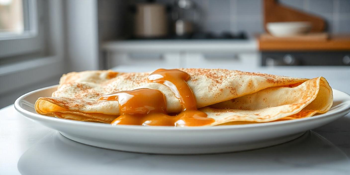 A plate of crepes folded and drizzled with caramel sauce.