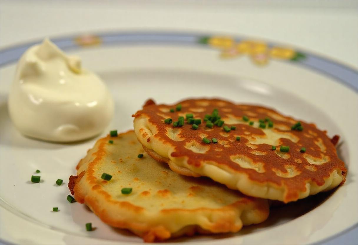 A plate of crispy potato pancakes garnished with chives and served with sour cream.