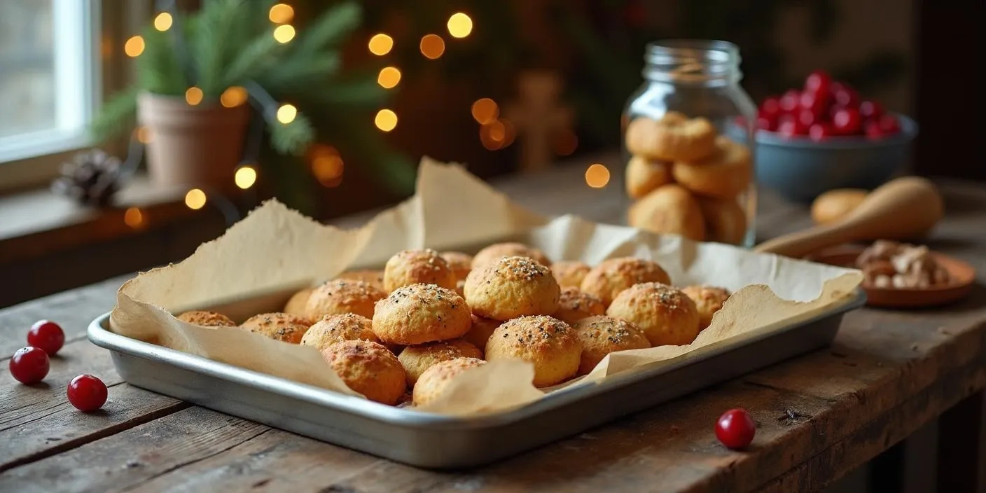 Hand holding freshly baked Kūčiukai – small Lithuanian Christmas Eve biscuits with poppy seeds, surrounded by festive decor on a rustic table.