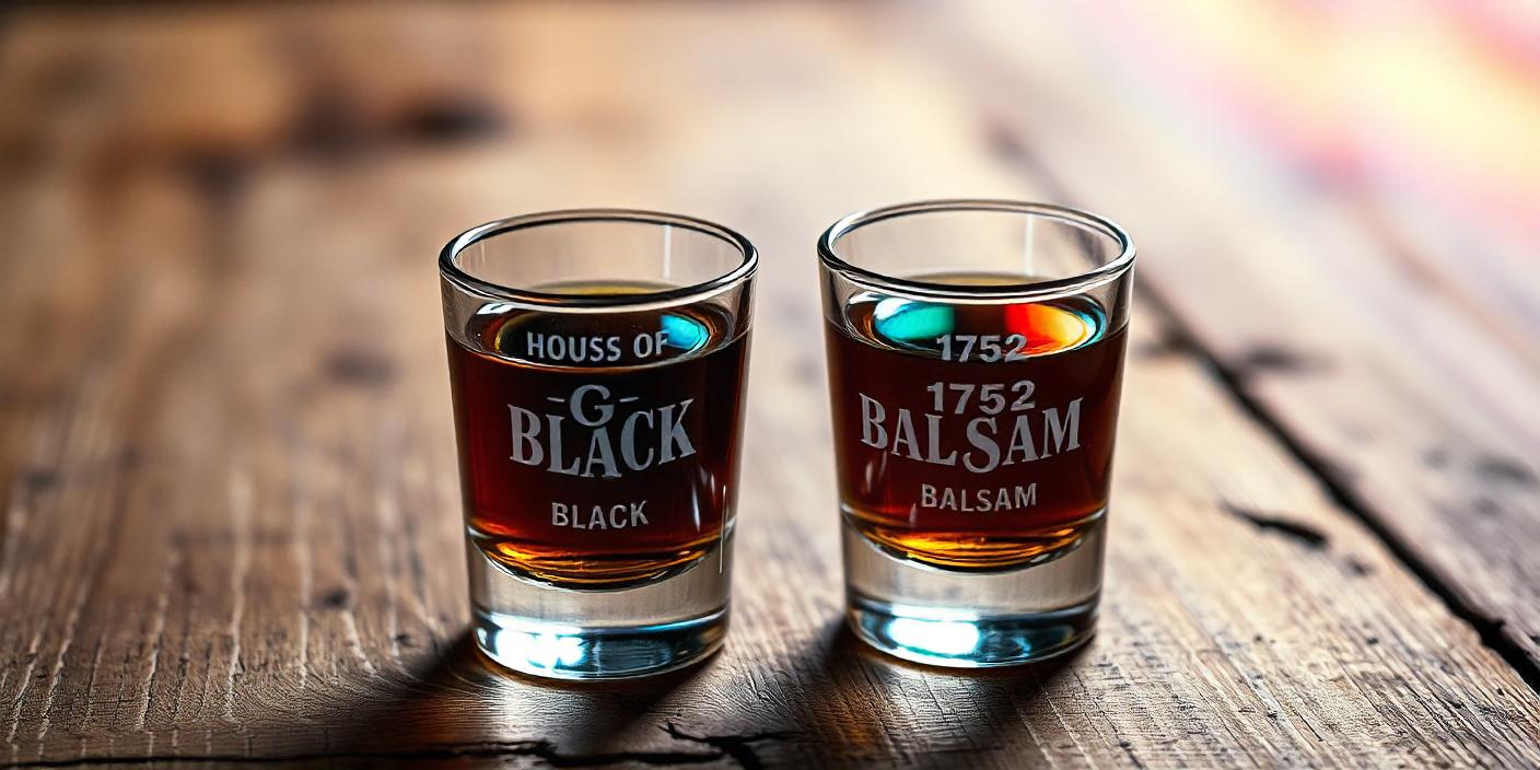 A shot glass filled with dark herbal balsam, branded with "1752 Balsam."