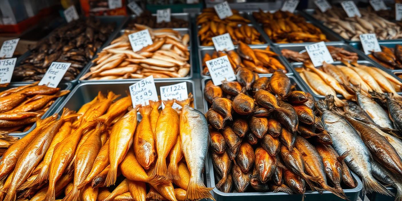 A display of smoked fish varieties at a market, neatly arranged for sale.