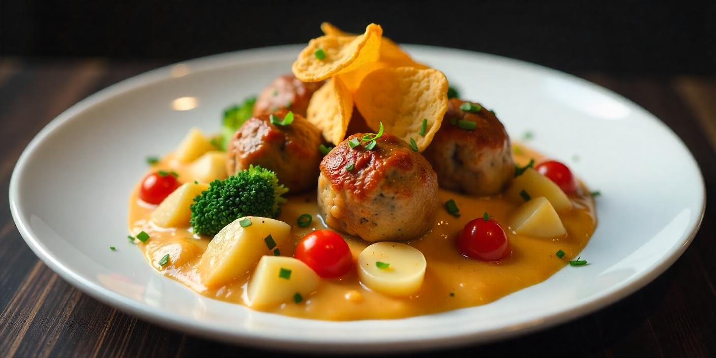 A plate of meatballs served with cooked vegetables, garnished with herbs.