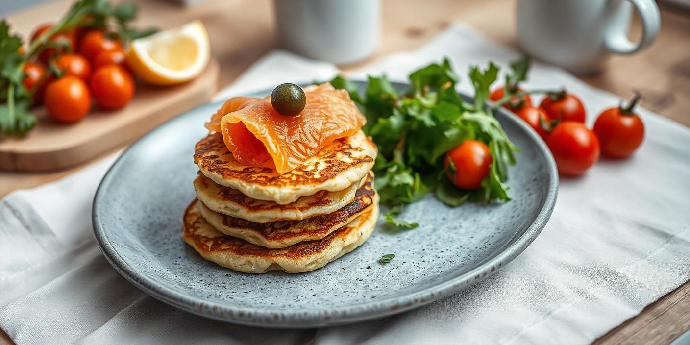 A stack of savory pancakes topped with smoked salmon, capers, and herbs.