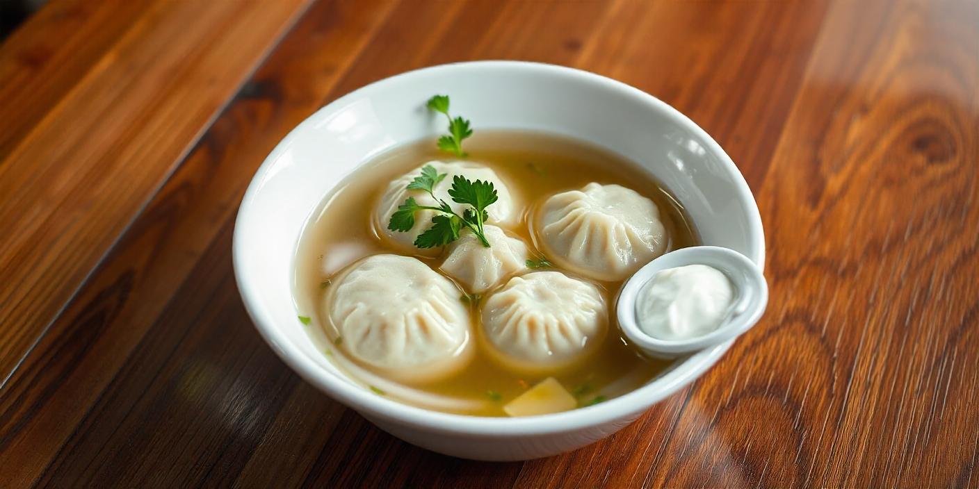 A bowl of dumplings served in clear broth, garnished with fresh herbs and a side of sauce.