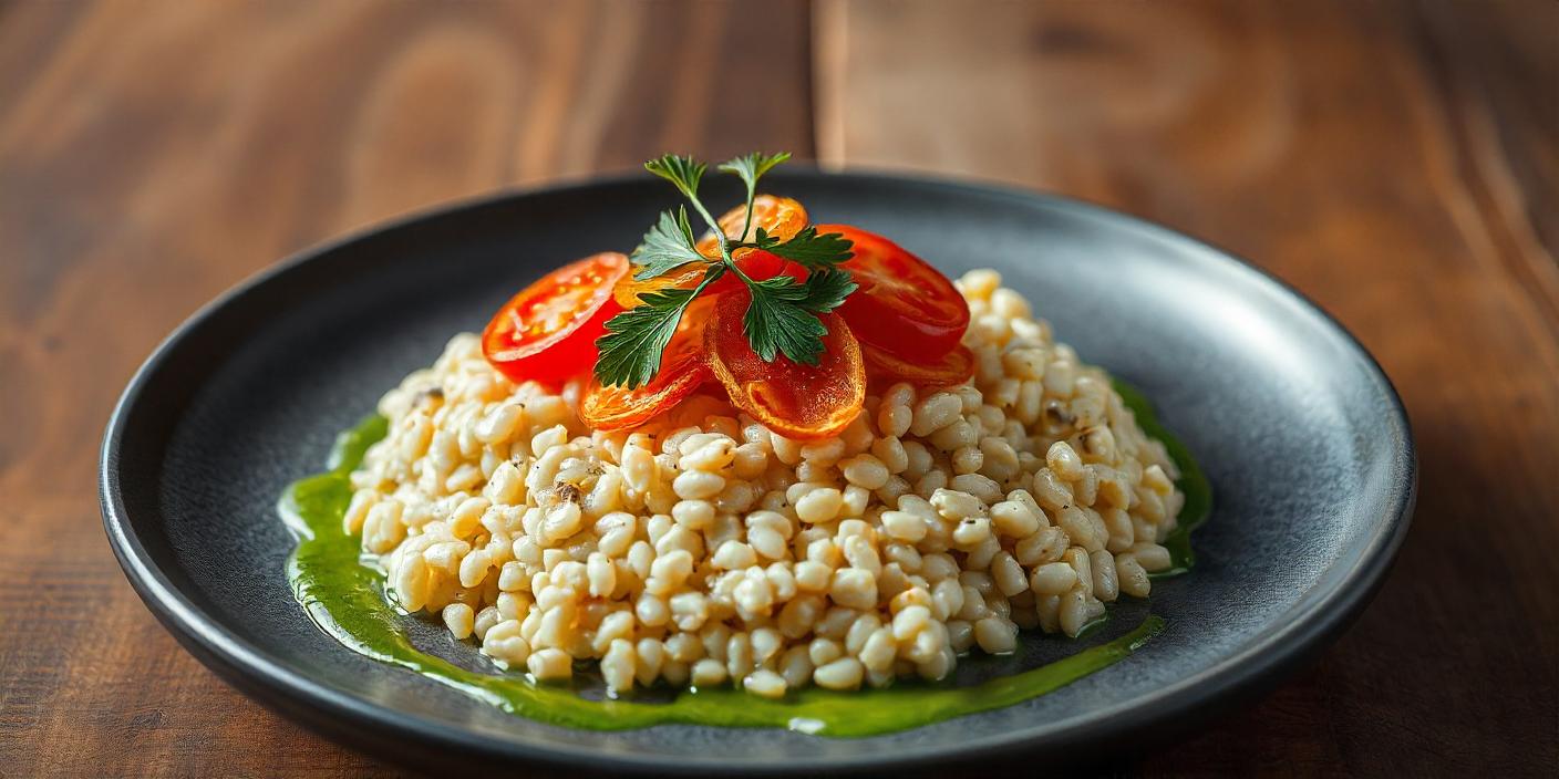 A plate of barley served with cherry tomatoes and green sauce.