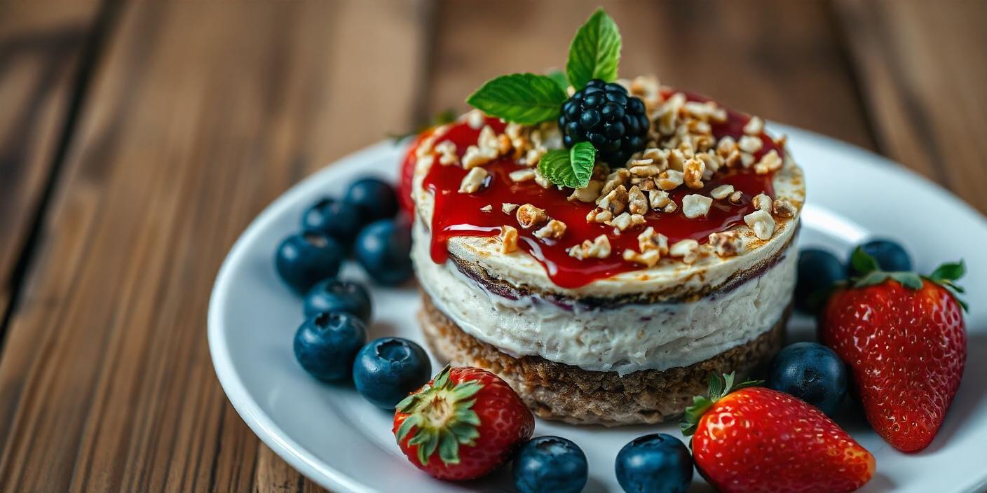 A layered dessert topped with fresh berries, mint, and drizzled with berry sauce.