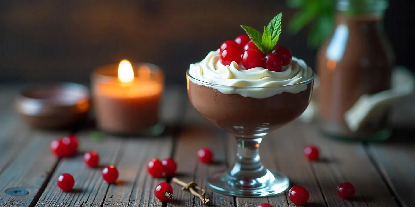 A glass of chocolate mousse topped with whipped cream, red currants, and mint leaves.