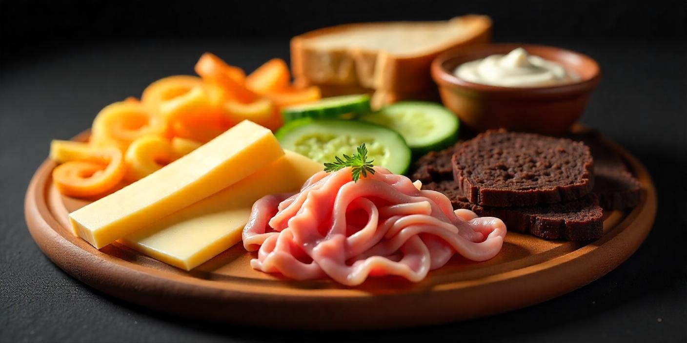 A charcuterie board featuring sliced meats, cheese, vegetables, and bread.