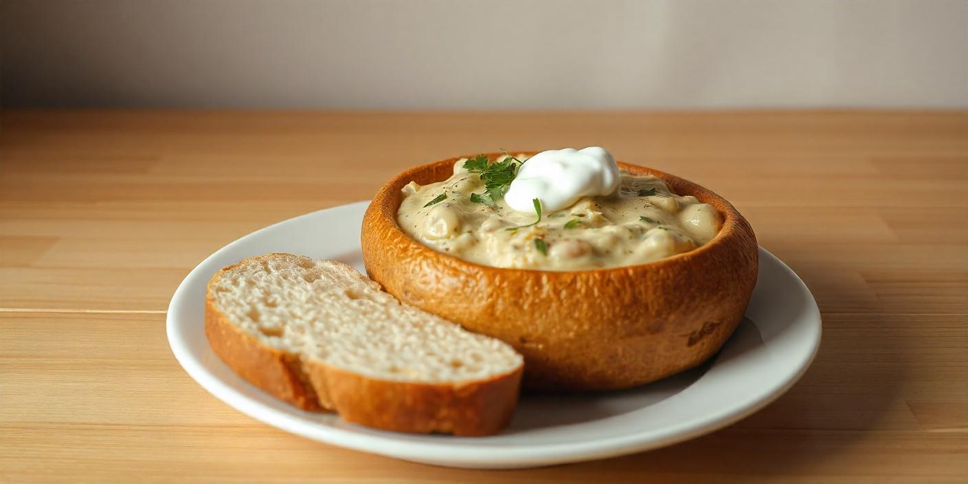 Creamy soup served in a hollowed bread bowl with a slice of bread on the side.