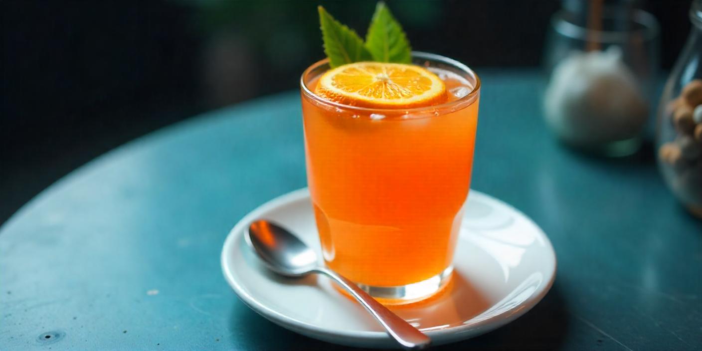 A glass of tea with an orange slice and mint.