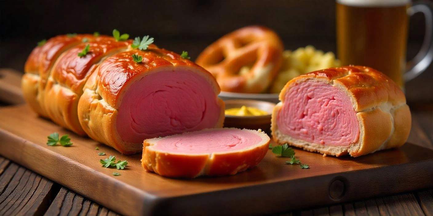 Bavarian Leberkäse meatloaf with crispy crust.