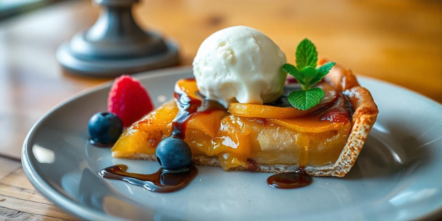 A plate of caramelized apples topped with vanilla ice cream, garnished with mint and berries.