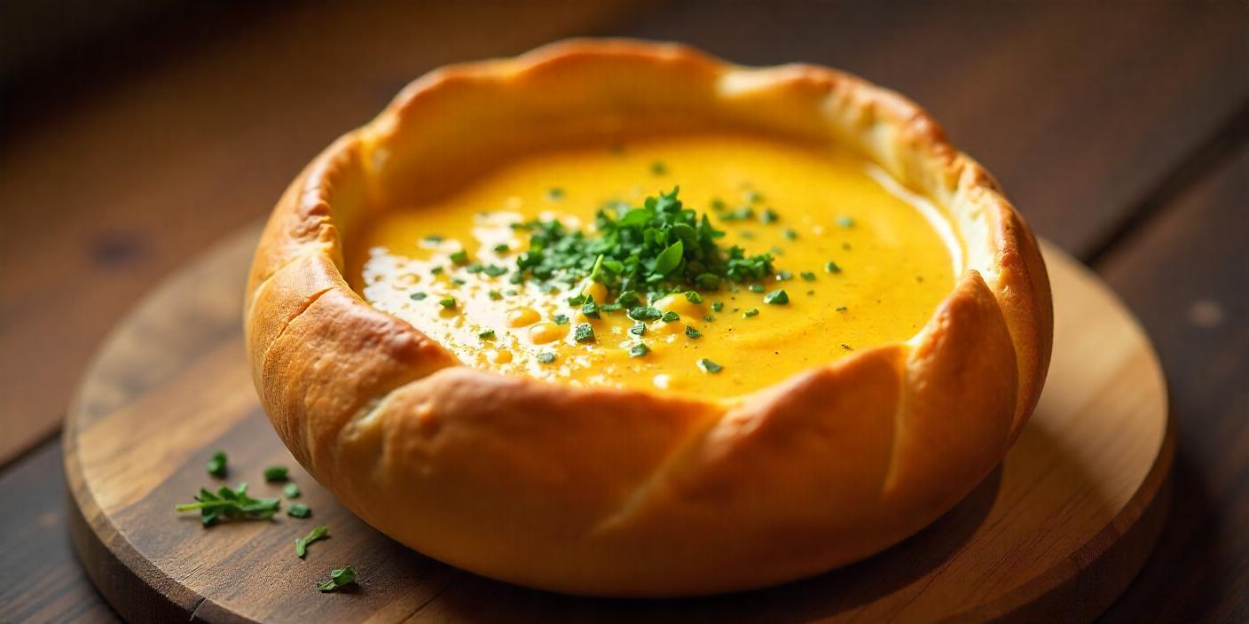 Creamy soup served in a hollowed-out bread bowl, garnished with chives.