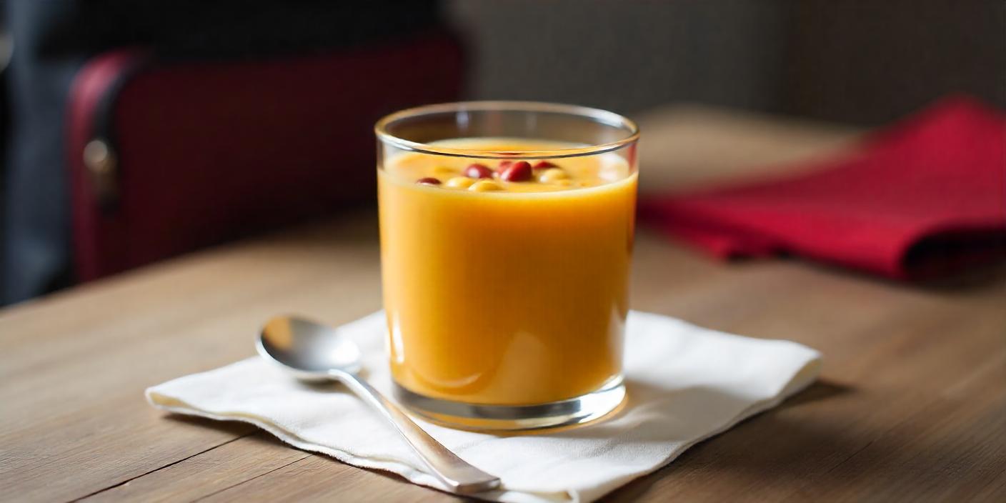 A glass of mango smoothie garnished with chopped nuts, served with a spoon.