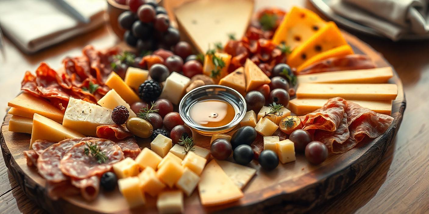 A cheese platter featuring various cheeses, fruits, nuts, and a small bowl of honey.