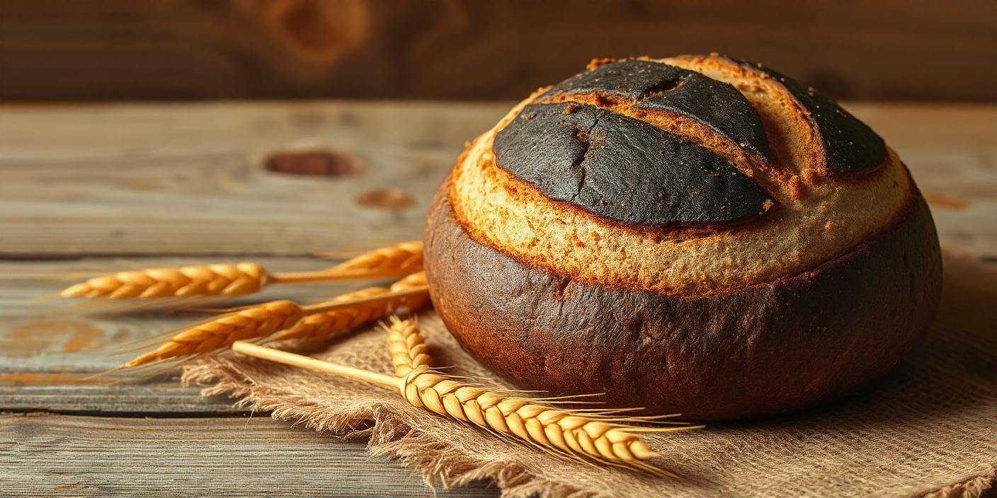 A rustic bread loaf with a dark, burnt crust on a wheat-decorated table.