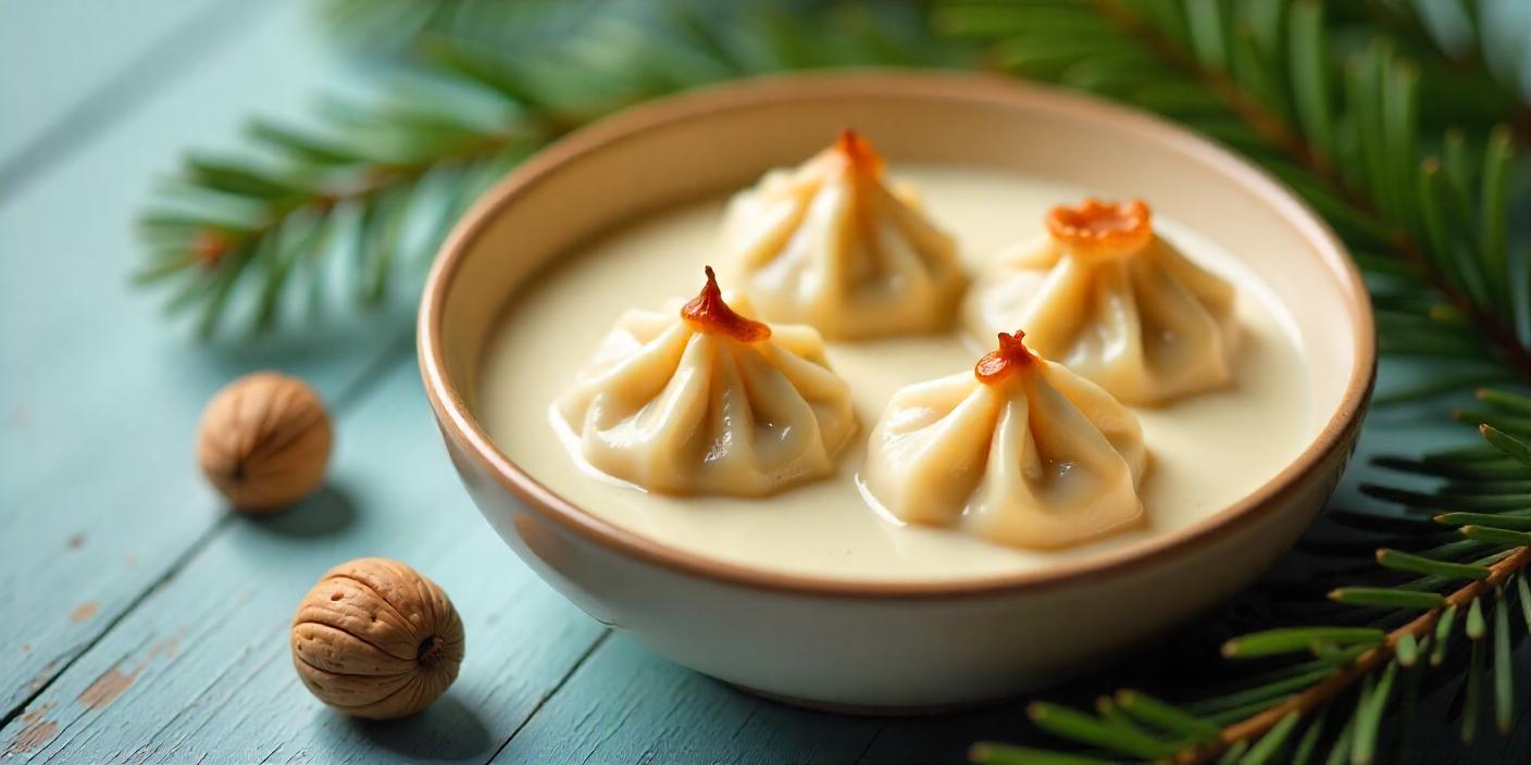 A bowl of steamed dumplings garnished with sauce and herbs.