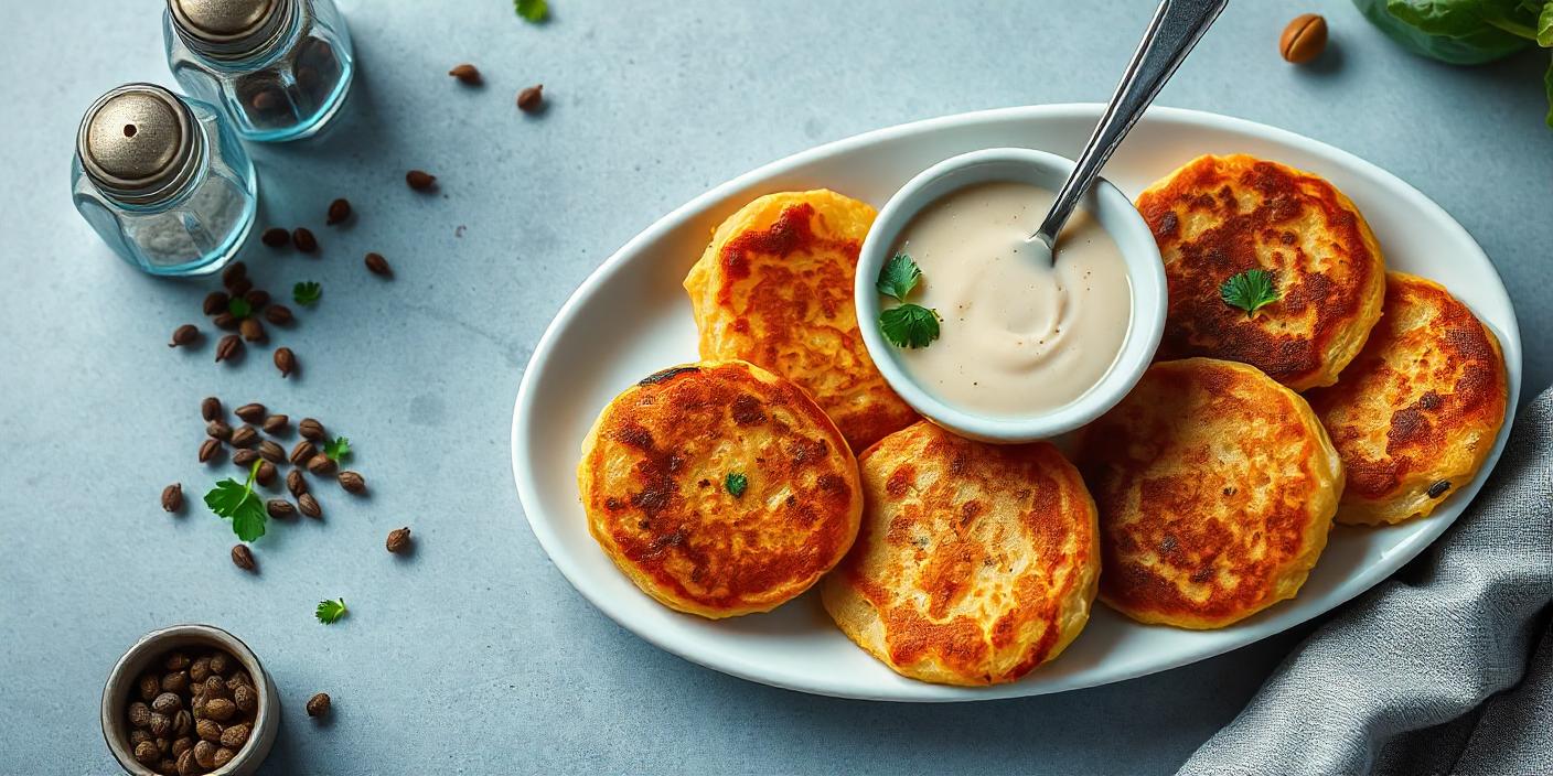 A plate of golden cheese pancakes served with a creamy dipping sauce.