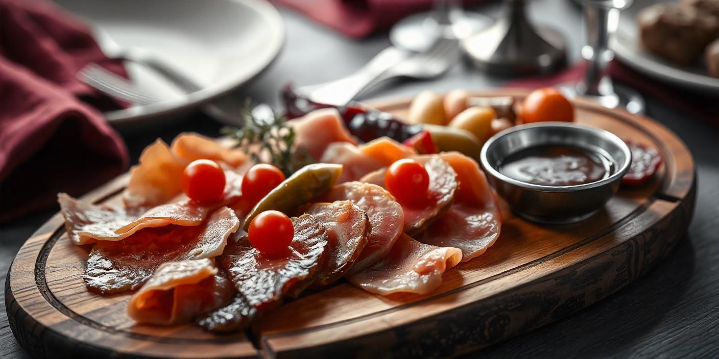 A charcuterie platter with cured meats, cherry tomatoes, and dipping sauces.