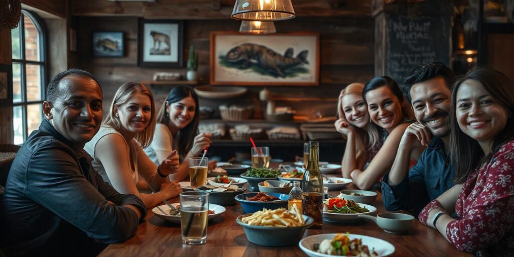 A traditional Lithuanian meal featuring potato dumplings, rye bread, and hearty local dishes.