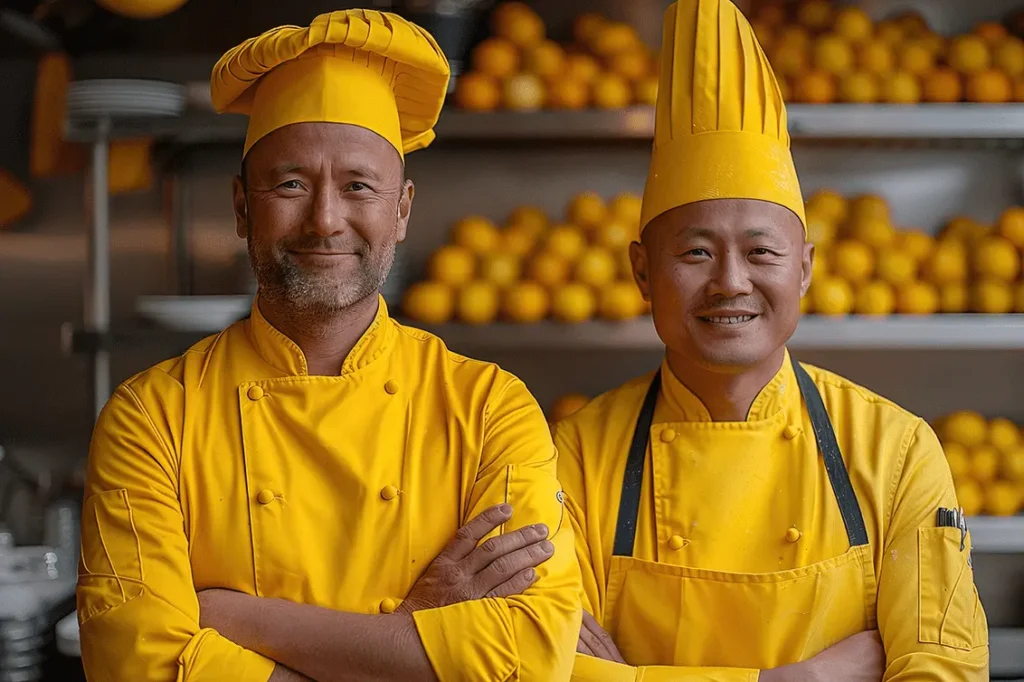 Two chefs wearing yellow uniforms and hats, smiling confidently in a kitchen setting with oranges in the background.