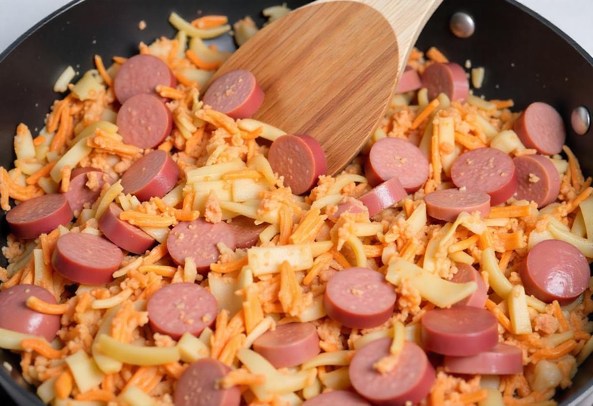 A skillet dish with rice, sliced sausages, and a wooden spoon.