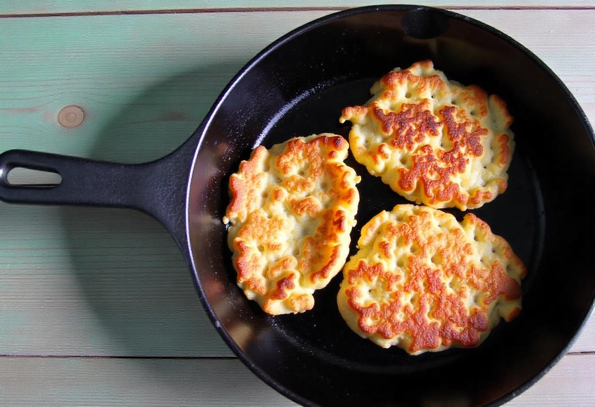 Golden vegetable fritters cooking in a cast-iron skillet.