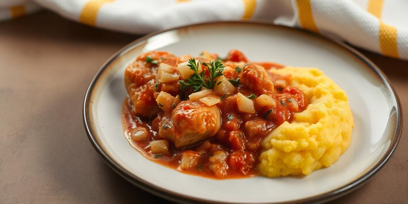 A plate of gnocchi in tomato sauce served with creamy polenta and garnished with herbs.